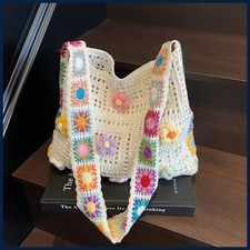Women Boho Crochet Flower Woven Shoulder Bag Large Beach Tote Shopper Bag