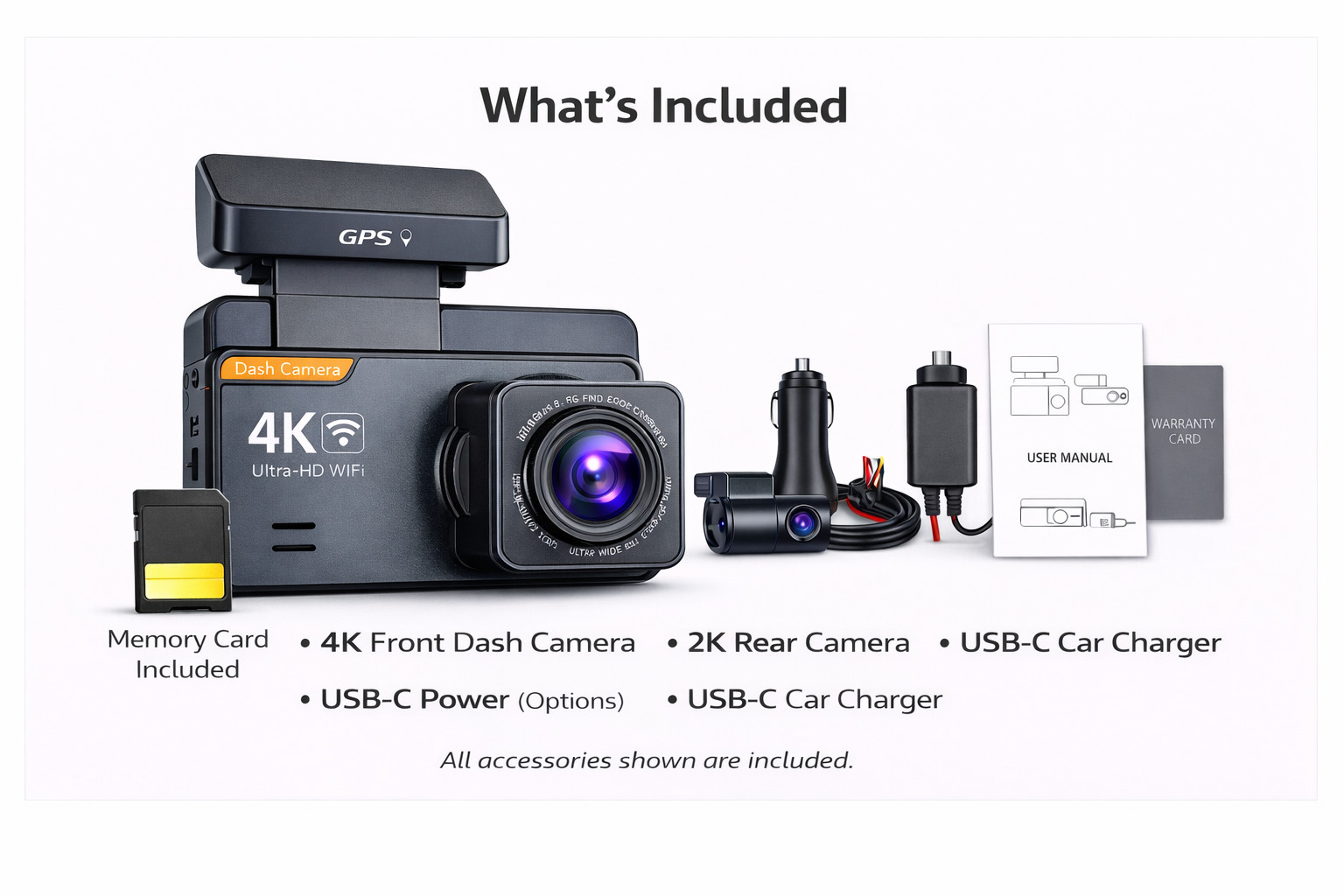 4K Dash Cam Front + Rear WiFi GPS Dash Camera Dual Cam Hardwire Kit Night Vision
