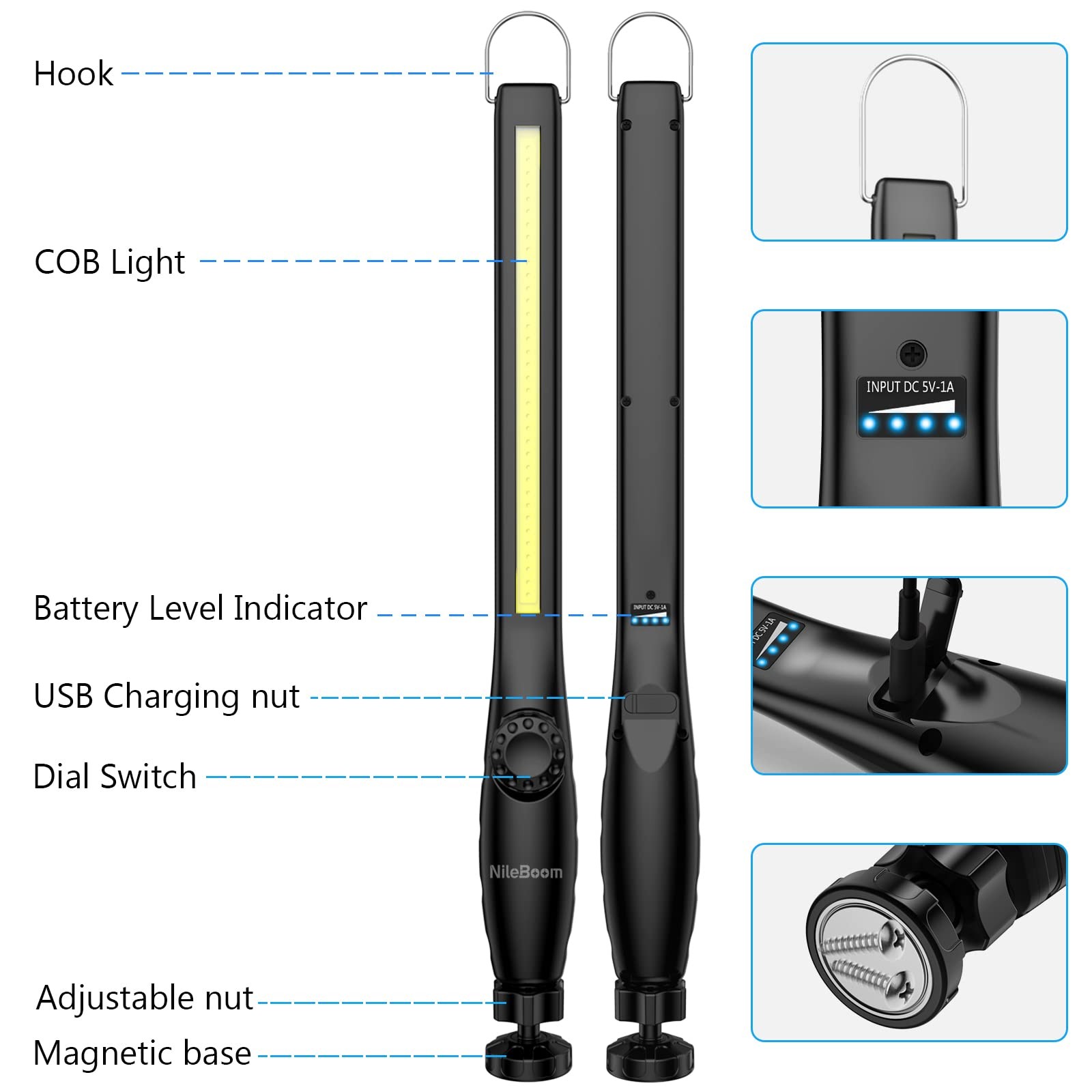 NileBoom LED Work Light, 800 Lumens Rechargeable COB with Power Capacity