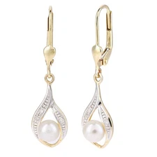 9ct Gold Jewelco London 4pts Diamond Pearl 5mm Eye Pea Pod Drop Earrings