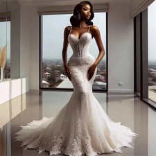 Luxury Mermaid Wedding Dresses Spaghetti Straps Corset Lace Applique Bridal Gown