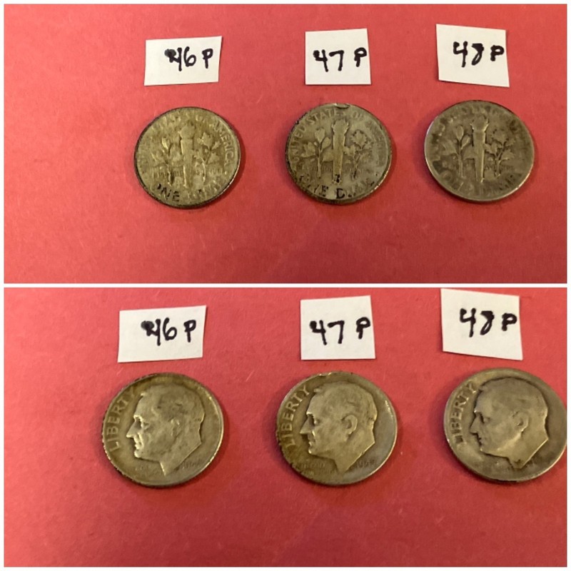 3 silver (90%) Roosevelt dimes 1946,47, 48, grp D, problem free, not junk silver