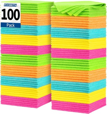 FIXSMITH Microfiber Cleaning Cloth, 100 Pack Shop Towels, 100, Multicolor 