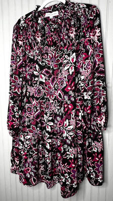 Emma & Michele Dress Womens 2X Black Pink White Floral Boho Ruffle Smocked  New