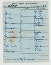 7-16-82 Cincinnati Reds Game Used Lineup Card - Dave Concepcion & Cesar Cedeno