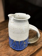 Vintage Art Pottery Glazed Pitcher Signed Colbalt Speckle 8"