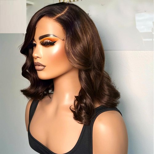 Short Wave Human Hair Lace Front Wig Brazilian Remy Side Part 13x6 Ombre Brown - Picture 3 of 9