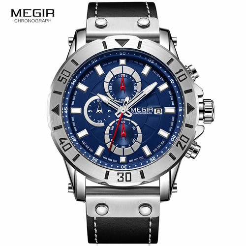 MEGIR Men's Chronograph Quartz Watches Leather Strap Army Sports Wristwatch - Picture 12 of 13