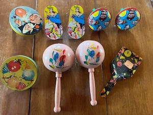 👏 9 Vintage Tin/Metal Party Noise Makers