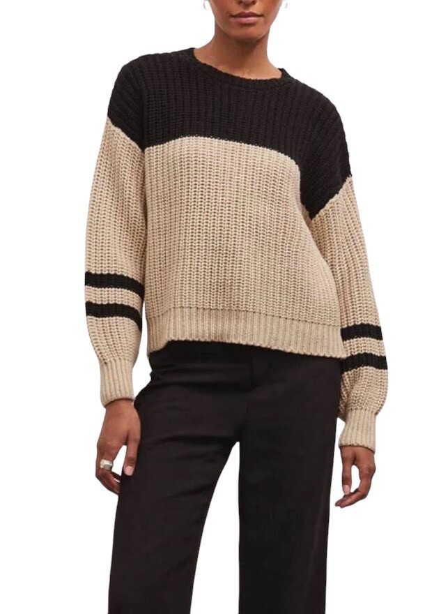 Z Supply Women's Lyndon Beige Black Color Block Chunky Knit