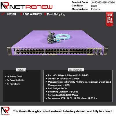 Extreme Networks X440-G2-48P-10GE4 Switch 48-Port PoE+ 10GbE 4 SFP+ Part No16535