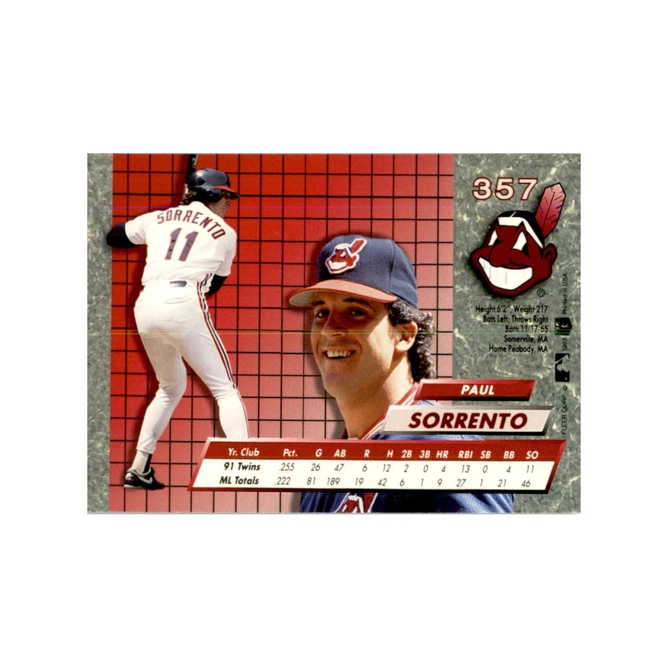 1992 Fleer Ultra Paul Sorrento Baseball Cards #357 - Image 2 of 3