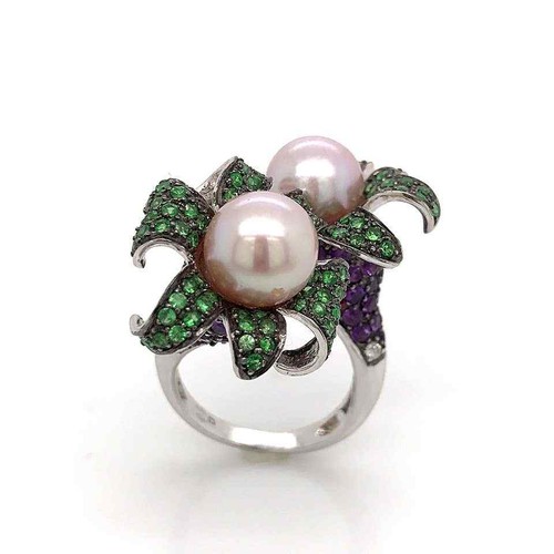 Cultured Pearls With Emerald, Amethyst, White CZ and Ruby Double Flower Band - Picture 4 of 8