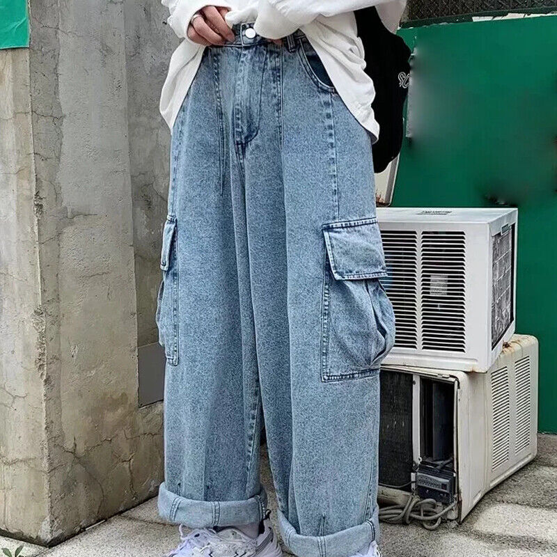 Men Loose Casual Wide Legs Jeans Work Cargo Pants Denim Street Trousers  Oversize