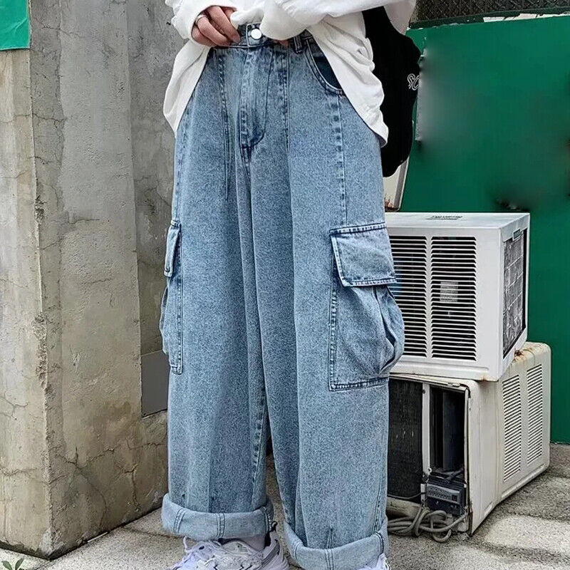 Men Casual Wide Jeans Loose Work Cargo Pants Denim Street Oversize eBay