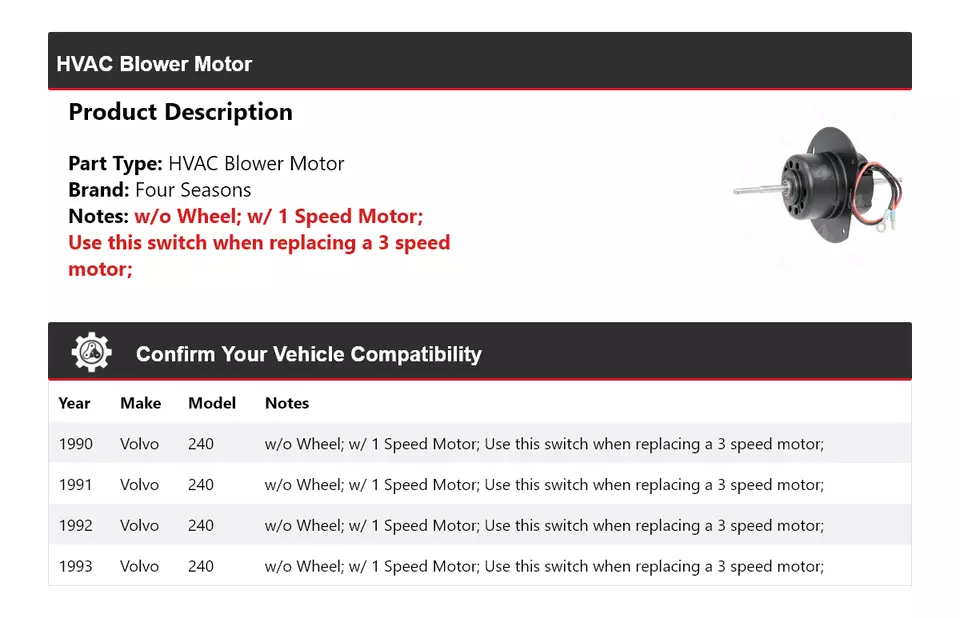 Мотор вентилятора для Volvo 240 1990-1993 годов выпуска 4 сезона 1991 1992 - Изображение 2 из 4