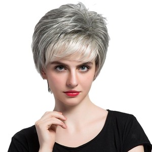 12 Inch Womens Short Layered 100 Human Hair Wigs Heat Safe Gray