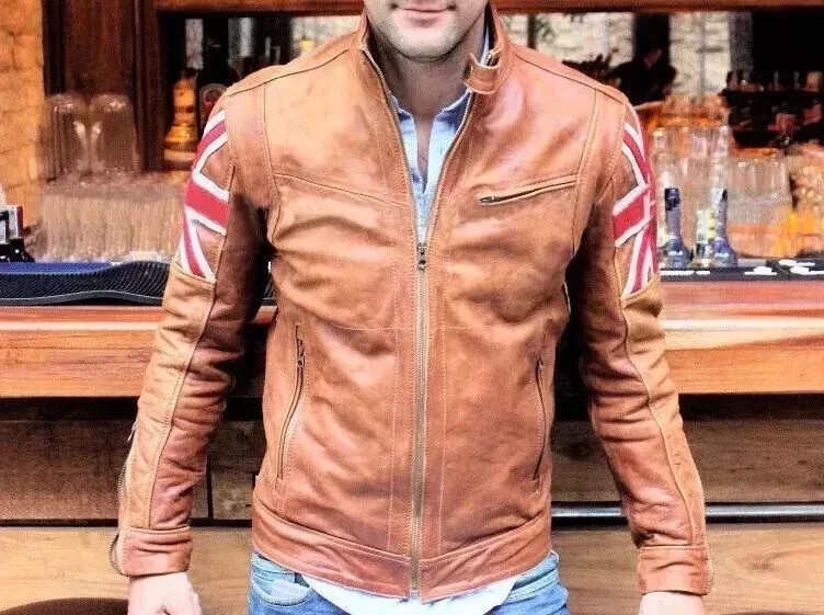 Mens Biker Vintage Motorcycle Tan Brown Cafe Racer UK Flag Real Leather Jacket