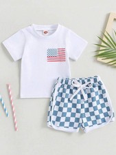 Toddler Boys' 4th of July Outfit Set - Flag Print T-Shirt Checkerboard Shorts
