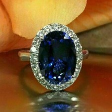 Lab Created 2.75Ct Oval Sapphire Halo Engagement Ring 14k White Gold Over Size R