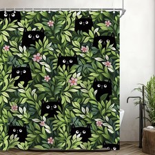 Boho Cute Black Cat Shower Curtain Sets for Bathroom 60Wx72H Funny Cat Flower...