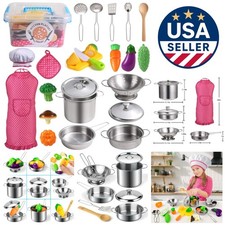 Pretend Play Chef Set - Colorful Stainless Steel Cookware, Apron  Hat for Kids