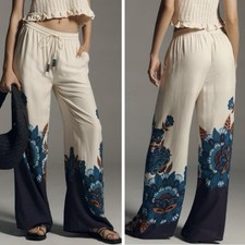 FARM RIO X Anthropologie Floral Print Martina Pants Women’s Med Blue Wide-Leg