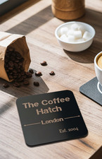 20 Black  Wood Coasters, anti-skid feet. Any Text, Font. (Business or Personal).