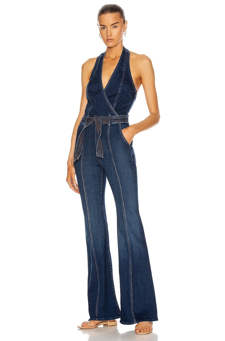NWT Mother The Halter Doozy Jumpsuit in Home Movies Stretch Flare Denim 30