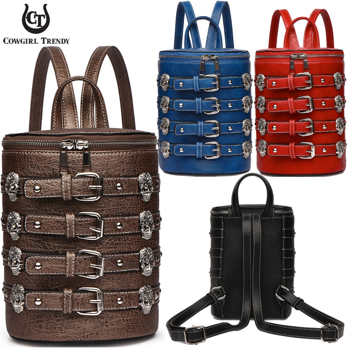 cowgirl trendy leather backpack TR160-9110A Trinity Ranch Hair-On Cowhide Collection Mini MONTANA WEST U.S.A Black and white cowhide design with brown leather accents ADBGS156 Red Hair-On Hide Leather