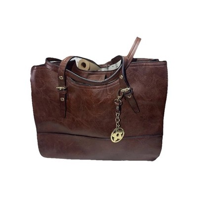 Bueno Brown Faux Leather Tote Bag Shoulder Purse Large Structured w/charm