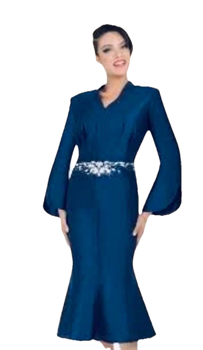Vestido de Iglesia Ben Marc International Talla Grande 16 Azul Marino Satinado Cuentas Sirena