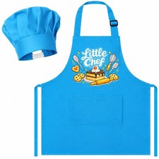 2 PCS Kids Apron and Chef Hat Set, Adjustable Blue Cooking Costume