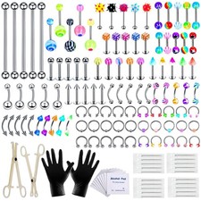 Complete 140PCS Piercing Kit with 14G 16G Stainless Steel and Acrylic Jewelry