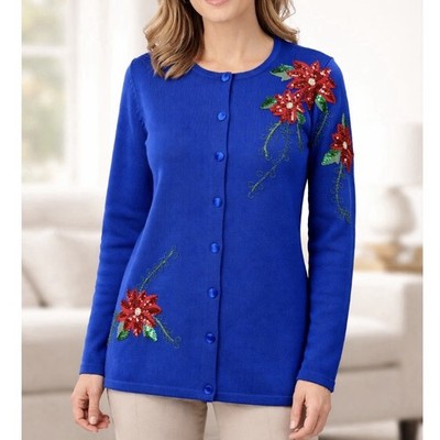 Quacker Factory Sequin Pointsettia Christmas Holiday Button Cardigan Sweater 3X