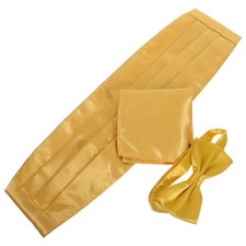 1 Set Golden Polyester Mens Cummerbund with Bow Tie and Pocket Square for Party