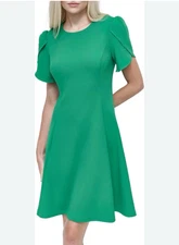 DKNY A Line Dress 8 Green Short Tulip Sleeve A Line Stretch Career Church