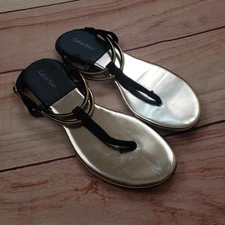 Calvin Klein Shoes Women 8.5 Gold Black Flat Sandals Thong Dressy Summer Strappy