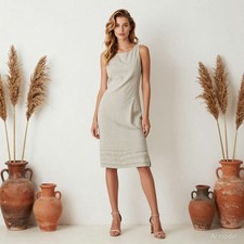 Vintage Boho Midi Dress Beige Floral Linen Pencil Embroidered Lined US 4