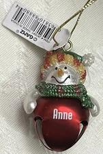 ANNE    Personalized  RED Jingle Bell SNOWMAN  Ornament    2" x 1”   GANZ   NWT
