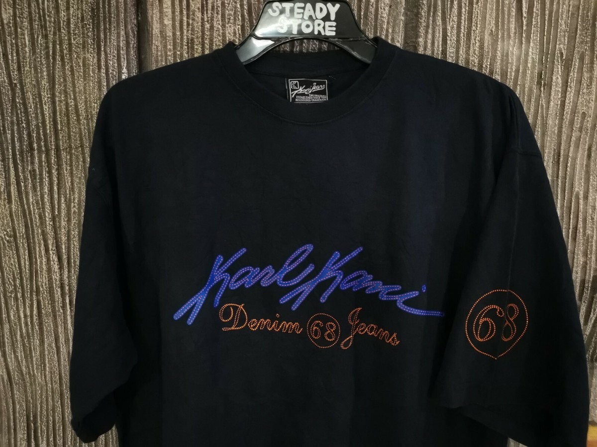 VINTAGE KARL KANI DENIM JEANS 68 BIG LOGO SPELL OUT BLUE T SHIRT L HIP HOP  TUPAC