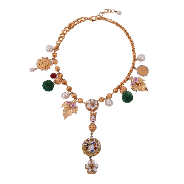 DOLCE & GABBANA RUNWAY Sicilia Sicily Flowers Crystals Pearl Necklace Gold 05480