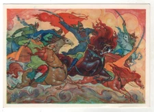1967 PALEKH STYLE Folk Song Civil War Army Commander Budyonny Horse POSTCARD OLD