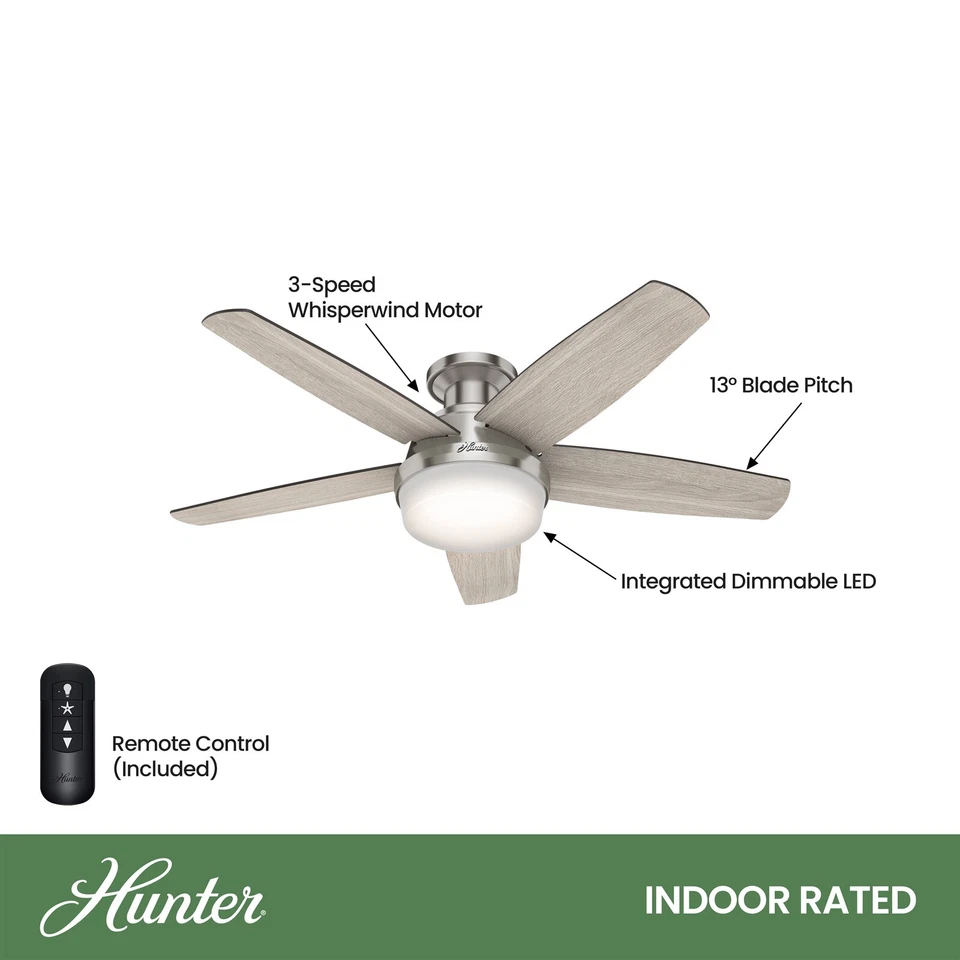 Ventilador Hunter 48 pulgadas bajo perfil níquel cepillado ventilador de techo con luz y control remoto Foto 4 de 4