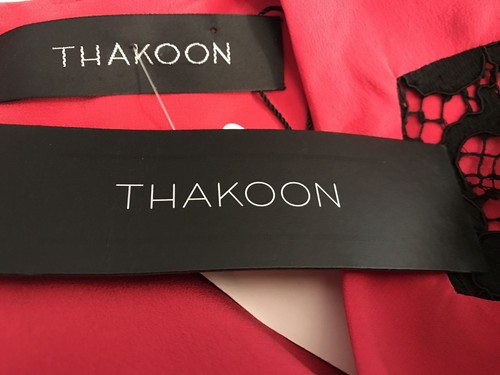 Thakoon 100% Silk Shift Dress Dark Pink w/ Black Lace Cap Sleeve Drop Waist - Picture 6 of 7