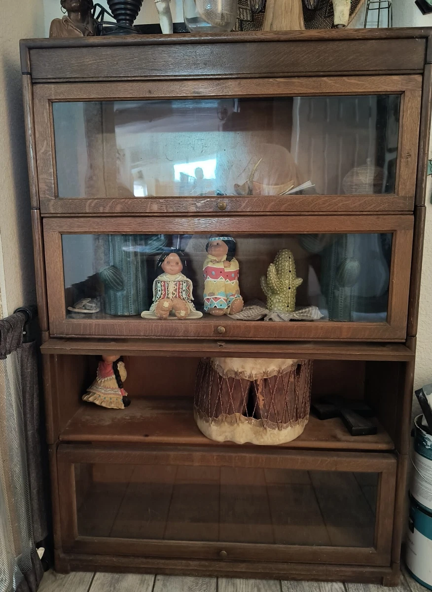 Vintage 1920 1940 Wooden and Glass 4 Shelf Barrister Bookcase or Display Cabinet
