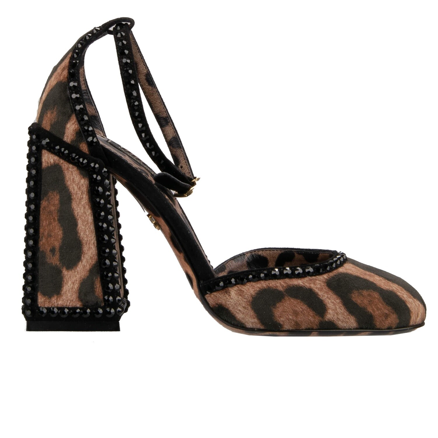DOLCE & GABBANA Leopard Crystal Velvet Strap Heels Pumps Black Brown 35.5 13707