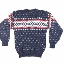 Vintage Mens Sweater L Fair Isle Blue Red Traditional Snow Slim Nordic Ski Crew