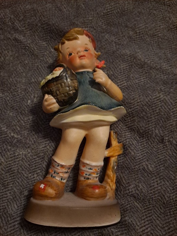 Vintage Hand-painted " GIRL WITH BASKET " Figurine:  10" x 4" x 2 1/2"