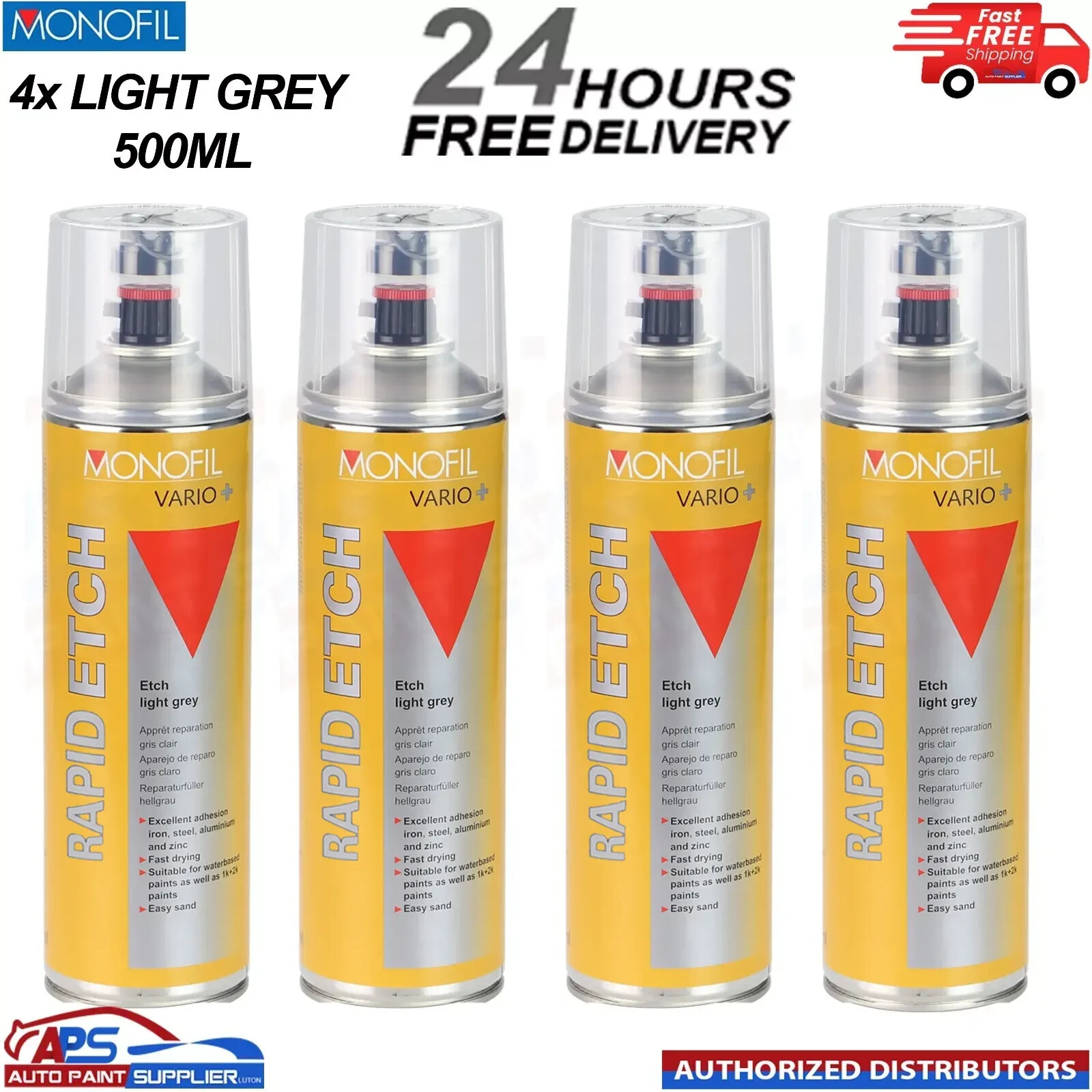 4x MONOFIL VARIO+ RAPID ETCH PRIMER FILLER LIGHT GREY SPRAY Aerosol 500ml